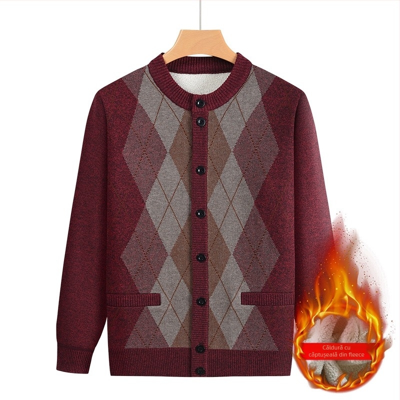 Jachetă tricotată căptușită cu fleece pentru vârstnici, material amestec lână, 100% poliester, iarna 2024