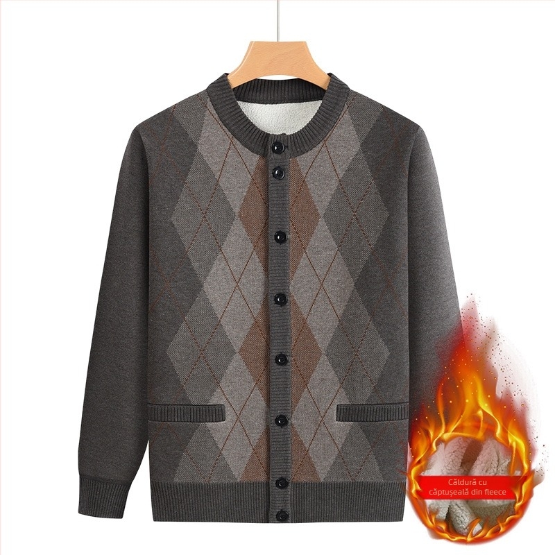 Jachetă tricotată căptușită cu fleece pentru vârstnici, material amestec lână, 100% poliester, iarna 2024