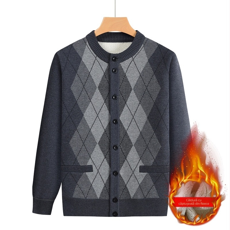 Jachetă tricotată căptușită cu fleece pentru vârstnici, material amestec lână, 100% poliester, iarna 2024