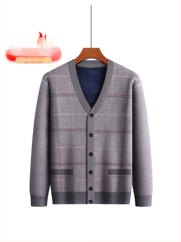 Cardigan bărbătesc de iarnă cu căptușeală fleece – tricot gros, casual