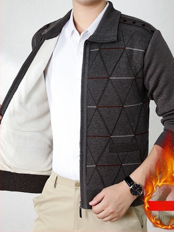 Cardigan căptușit cu fleece pentru seniori, iarna 2024, 100% poliester, stil simplu tricotat