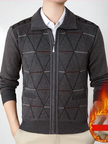 Cardigan căptușit cu fleece pentru seniori, iarna 2024, 100% poliester, stil simplu tricotat