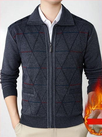 Cardigan căptușit cu fleece pentru seniori, iarna 2024, 100% poliester, stil simplu tricotat