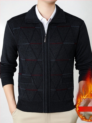 Cardigan căptușit cu fleece pentru seniori, iarna 2024, 100% poliester, stil simplu tricotat