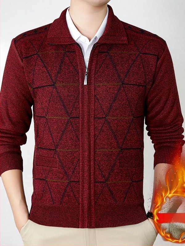 Cardigan căptușit cu fleece pentru seniori, iarna 2024, 100% poliester, stil simplu tricotat