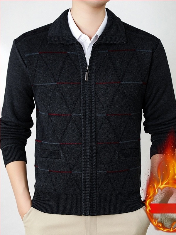 Cardigan căptușit cu fleece pentru seniori, iarna 2024, 100% poliester, stil simplu tricotat