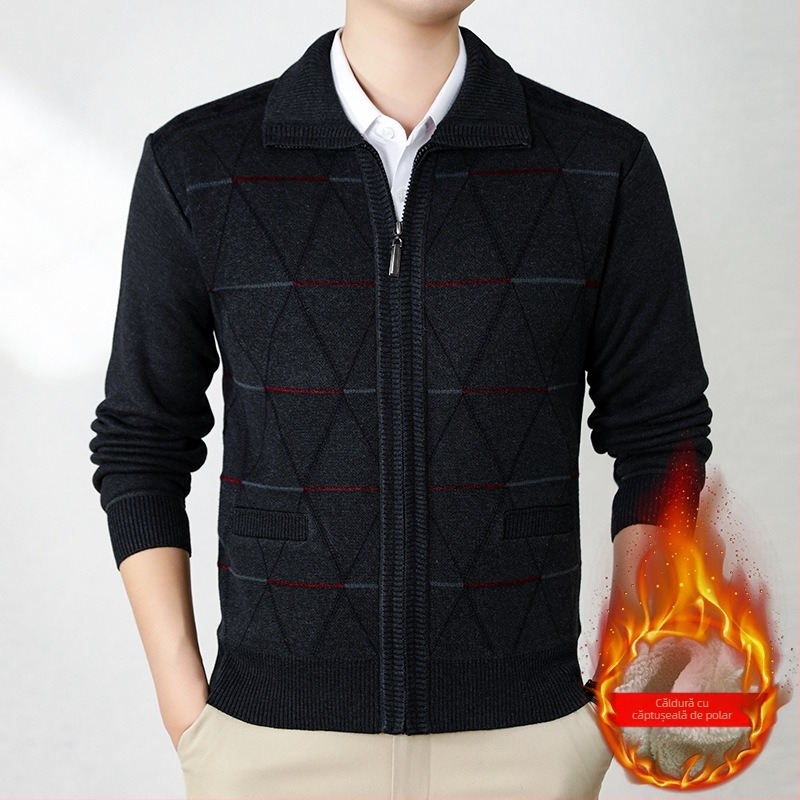 Cardigan căptușit cu fleece pentru seniori, iarna 2024, 100% poliester, stil simplu tricotat