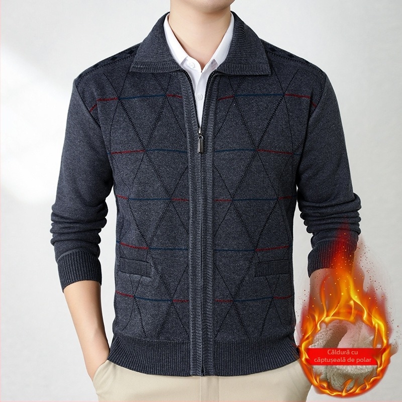 Cardigan căptușit cu fleece pentru seniori, iarna 2024, 100% poliester, stil simplu tricotat