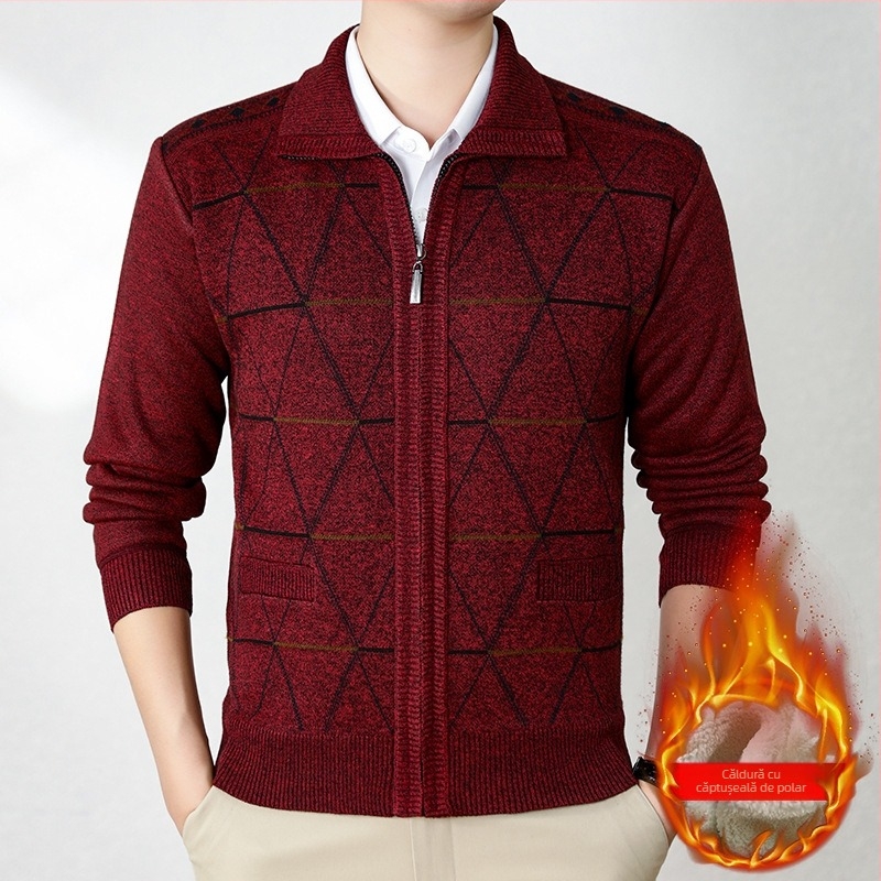 Cardigan căptușit cu fleece pentru seniori, iarna 2024, 100% poliester, stil simplu tricotat