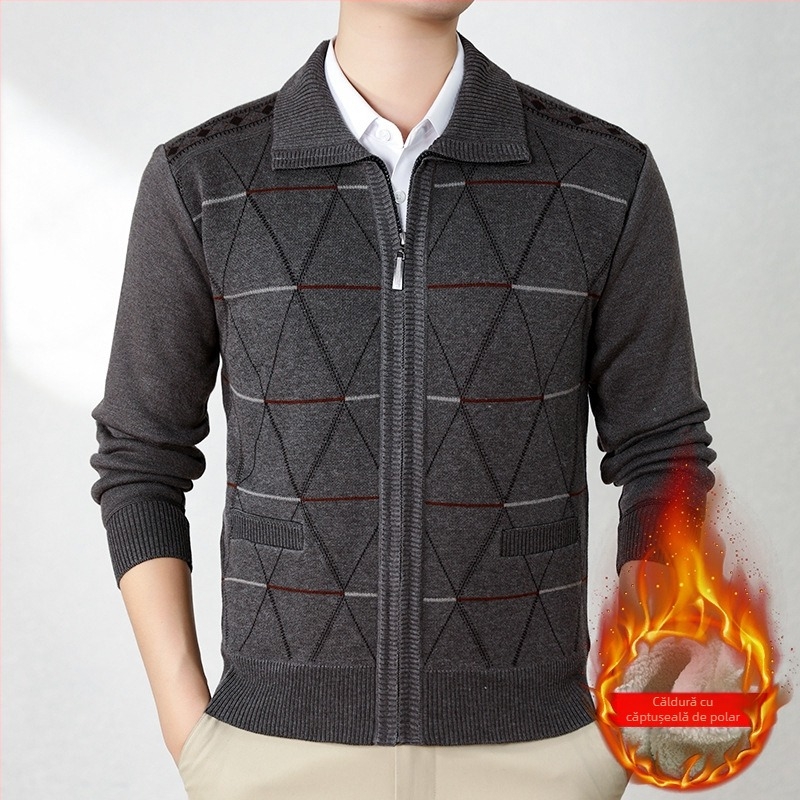 Cardigan căptușit cu fleece pentru seniori, iarna 2024, 100% poliester, stil simplu tricotat