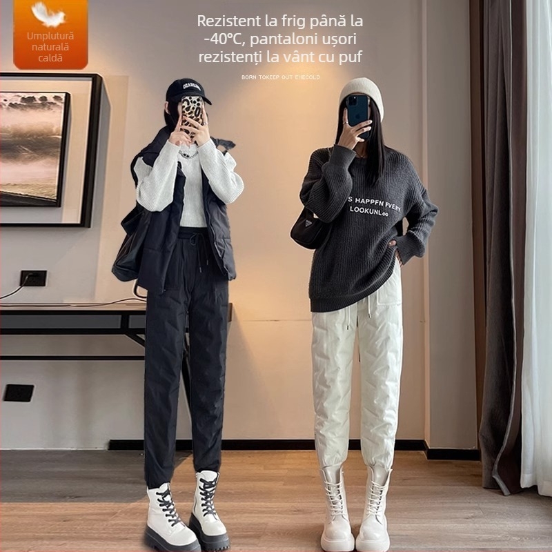 Pantaloni de damă cu puf alb de rață, talie înaltă, croială lejeră tip haimer, exterior din nylon, model de iarnă 2025