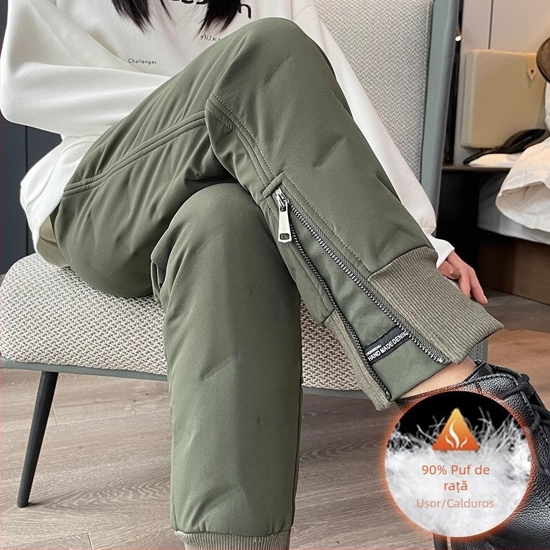 Pantaloni de damă cu puf alb de rață, talie înaltă, croială lejeră tip haimer, exterior din nylon, model de iarnă 2025