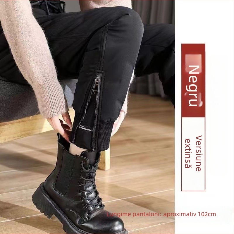 Pantaloni de damă cu puf alb de rață, talie înaltă, croială lejeră tip haimer, exterior din nylon, model de iarnă 2025