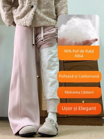 Pantaloni largi de damă, umpluți cu puf de rață alb, poliester 95%+, talie înaltă, toamnă 2025, stil japano-coreean de relaxare