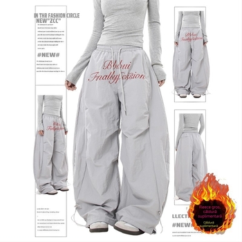 Pantaloni din bumbac, largi, cu căptușeală de fleece, lungime cropped, stil street hipster, 95% bumbac