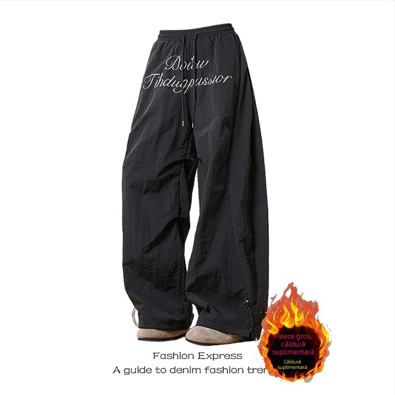 Pantaloni din bumbac, largi, cu căptușeală de fleece, lungime cropped, stil street hipster, 95% bumbac