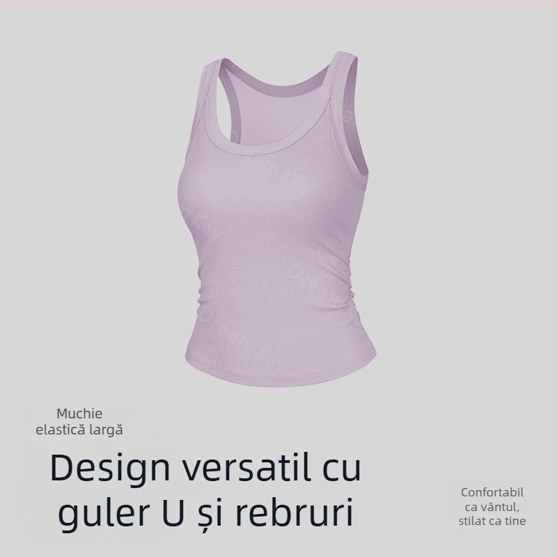 Top Lyocell cu căptușeală pentru sân, decolteu în V cu margine elastică, spate complet, respirabil, pentru sport în aer liber și yoga