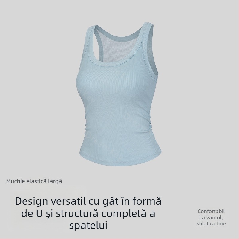 Top Lyocell cu căptușeală pentru sân, decolteu în V cu margine elastică, spate complet, respirabil, pentru sport în aer liber și yoga