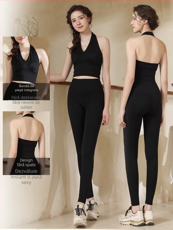 Top de yoga cu gât halter, pernă pentru bust, croială strânsă, absorbție umidă, elasticitate înaltă