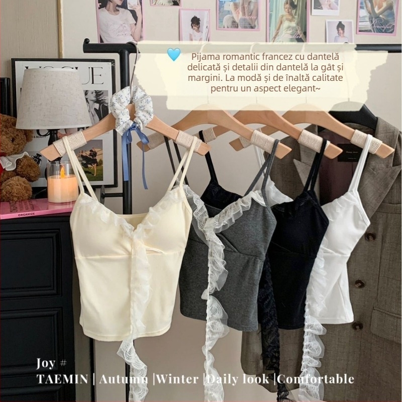 Top camisole cu dantelă și burete, cu curele Sling, din RC bumbac, 90–95% bumbac, greutate țesut 181–200 g/m2, potrivit pentru toate sezoanele, lansare vară 2025