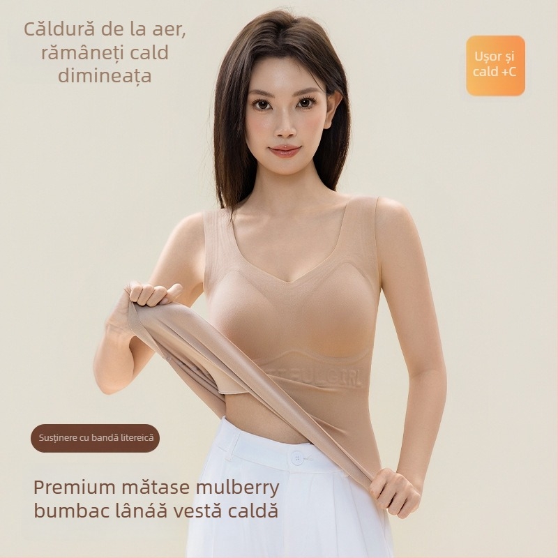Vestă termică pentru femei, cu cupe fixate și design fără cusături; model cu litere/text; material: fibre poliesterice; funcții: modelare a corpului, căldură, protecția abdomenului
