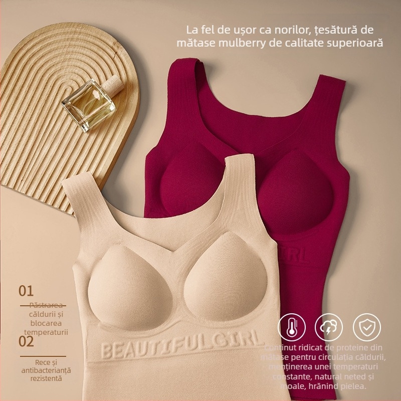 Vestă termică pentru femei, cu cupe fixate și design fără cusături; model cu litere/text; material: fibre poliesterice; funcții: modelare a corpului, căldură, protecția abdomenului