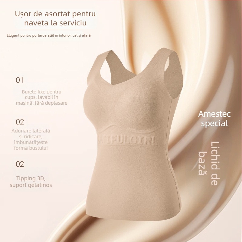 Vestă termică pentru femei, cu cupe fixate și design fără cusături; model cu litere/text; material: fibre poliesterice; funcții: modelare a corpului, căldură, protecția abdomenului