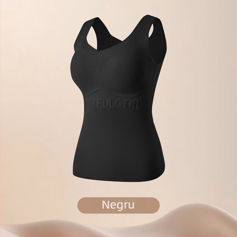 Vestă termică pentru femei, cu cupe fixate și design fără cusături; model cu litere/text; material: fibre poliesterice; funcții: modelare a corpului, căldură, protecția abdomenului