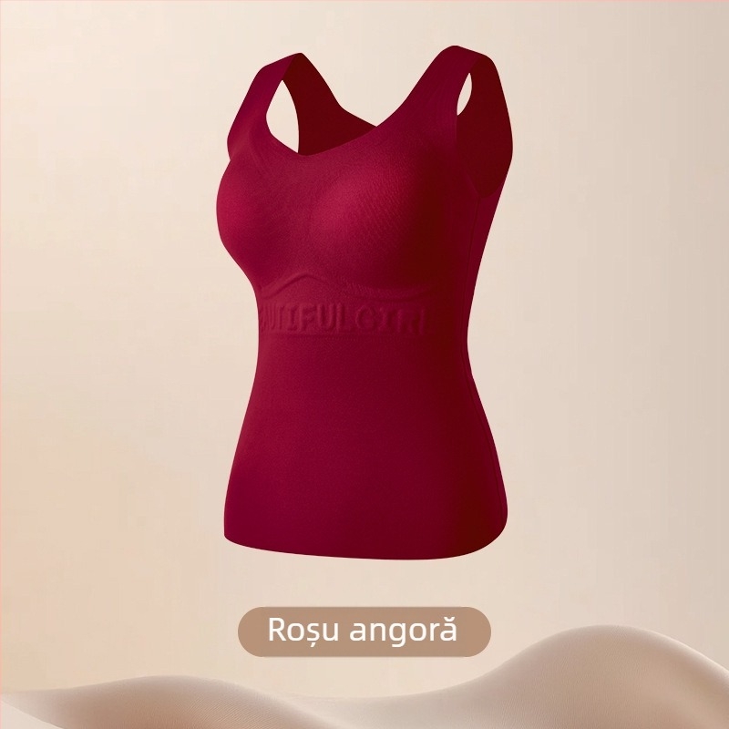 Vestă termică pentru femei, cu cupe fixate și design fără cusături; model cu litere/text; material: fibre poliesterice; funcții: modelare a corpului, căldură, protecția abdomenului