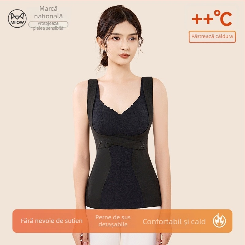 Vesta termică pentru femei din nylon, dublu strat, căptușită cu fleece, cu pernă încorporată pentru bust, modelează corpul