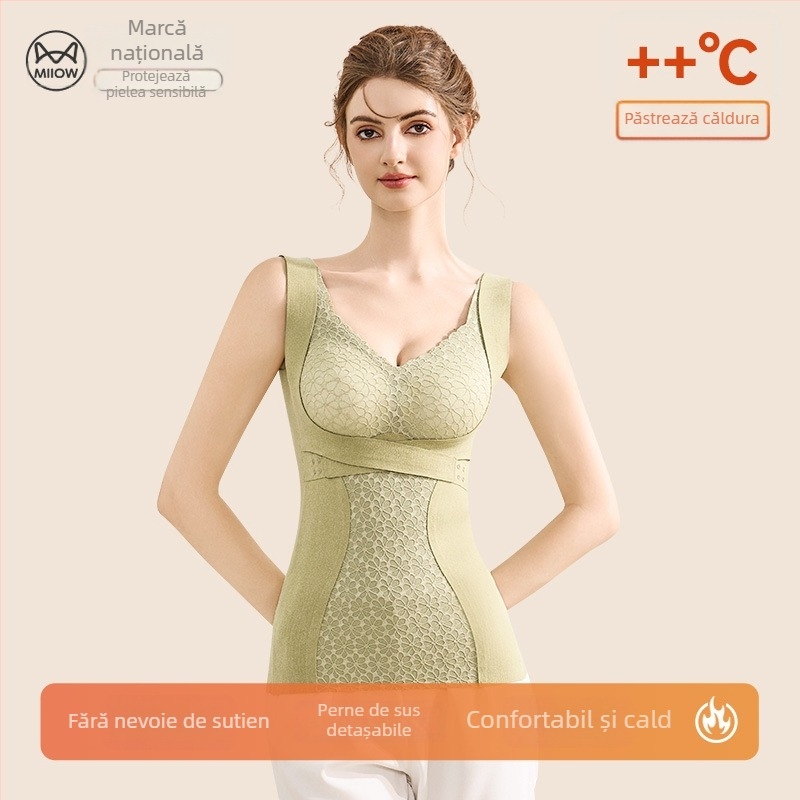 Vesta termică pentru femei din nylon, dublu strat, căptușită cu fleece, cu pernă încorporată pentru bust, modelează corpul