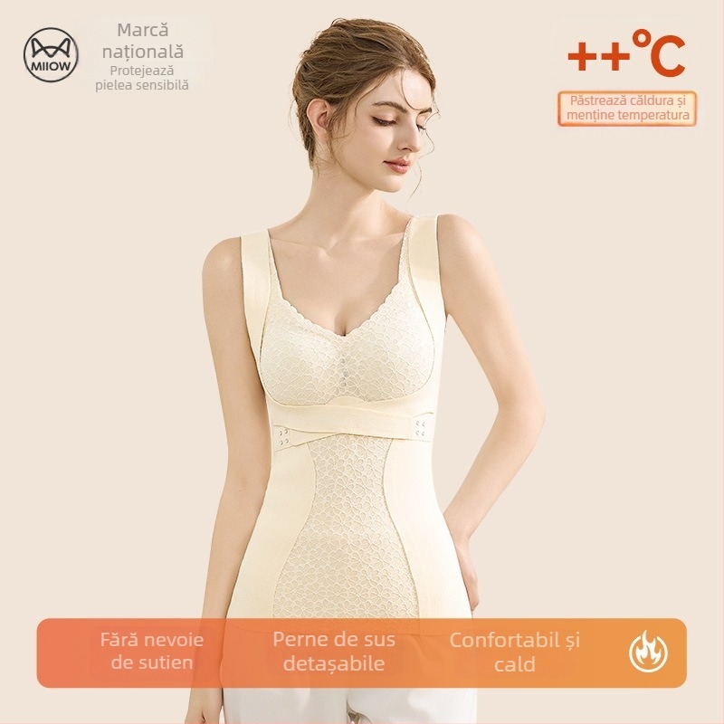 Vesta termică pentru femei din nylon, dublu strat, căptușită cu fleece, cu pernă încorporată pentru bust, modelează corpul