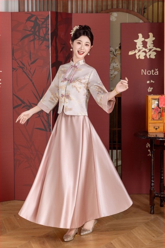 Rochie de domnișoară în stil chinezesc, talie înaltă, fustă lungă, broderie, din poliester