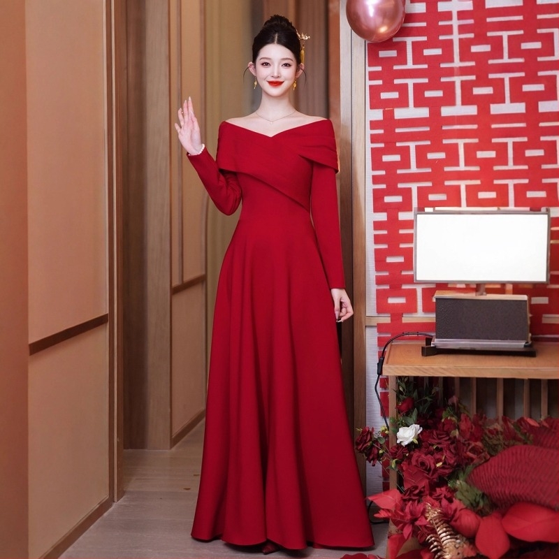 Rochie de mireasă cu un umăr, mâneci lungi, fustă lungă, din poliester — pentru nuntă și banchet, toamnă 2025