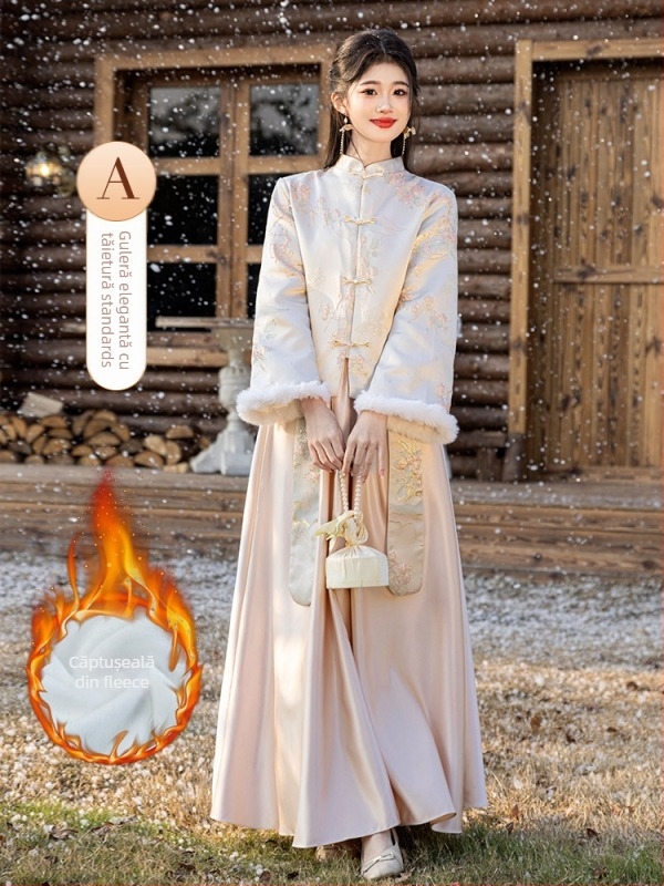 Rochie de domnișoare în două piese, mâneci lungi, stil chinezesc, satin, poliester, croială A-line, lansare vară 2025