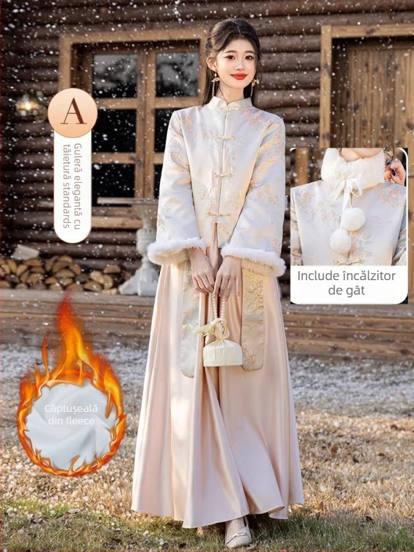 Rochie de domnișoare în două piese, mâneci lungi, stil chinezesc, satin, poliester, croială A-line, lansare vară 2025