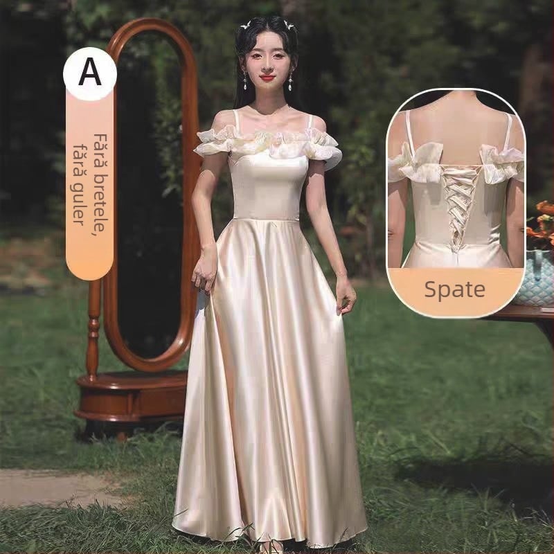 Rochie de domnișoară din satin, talie înaltă, decolteu pe un umăr, croială A-line, lungă, elegantă