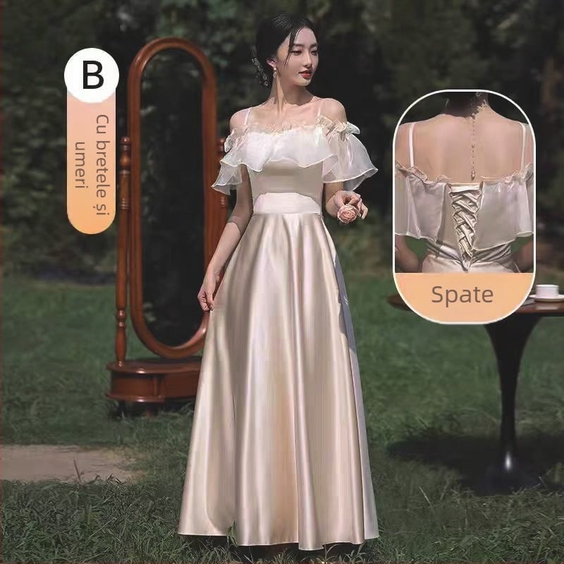 Rochie de domnișoară din satin, talie înaltă, decolteu pe un umăr, croială A-line, lungă, elegantă