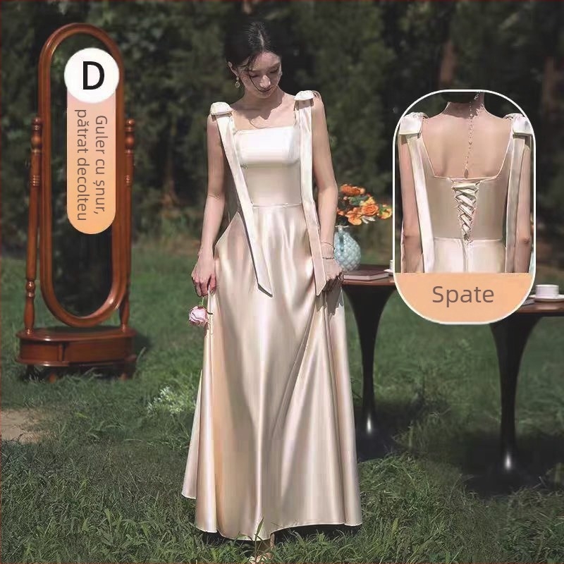 Rochie de domnișoară din satin, talie înaltă, decolteu pe un umăr, croială A-line, lungă, elegantă