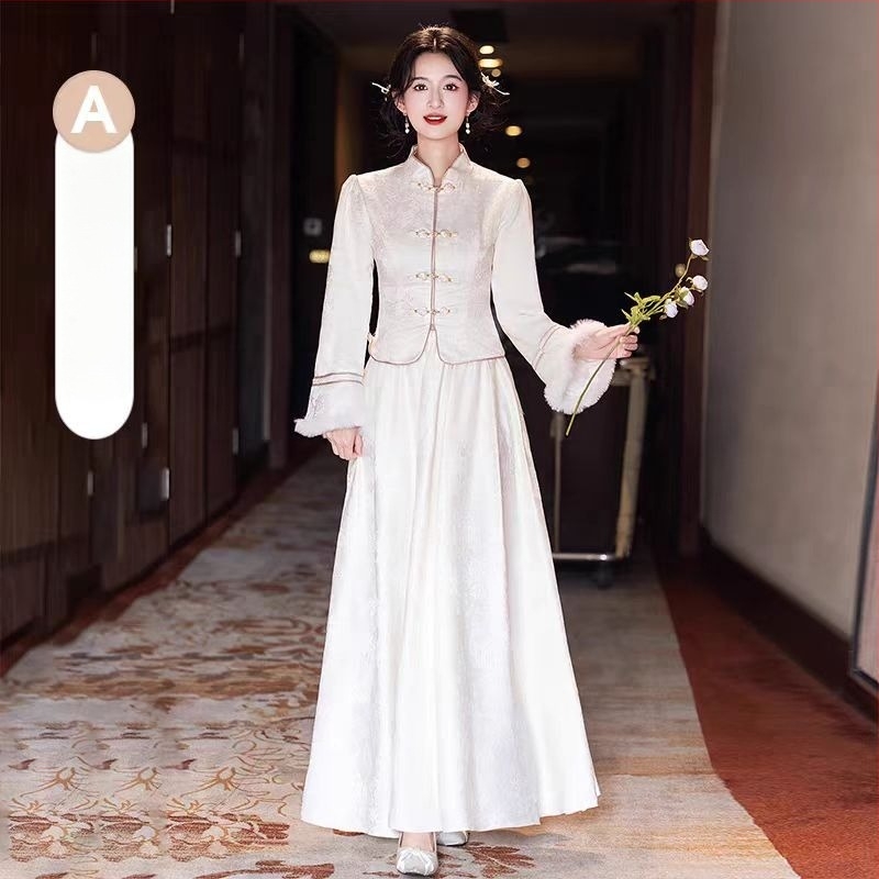 Rochie de domnișoară de onoare – Stil Chinezesc Nou, mâneci lungi, siluetă în formă A, guler pătrat, lungime 135 cm, poliester elastan (>95% poliester)