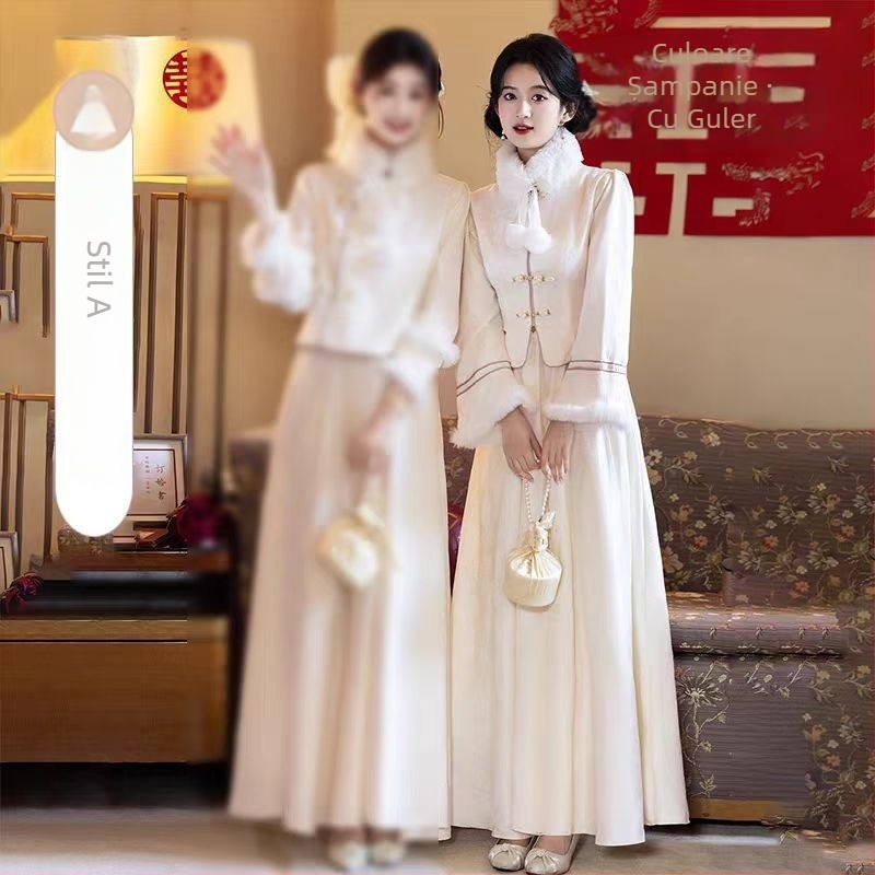 Rochie de domnișoară de onoare – Stil Chinezesc Nou, mâneci lungi, siluetă în formă A, guler pătrat, lungime 135 cm, poliester elastan (>95% poliester)