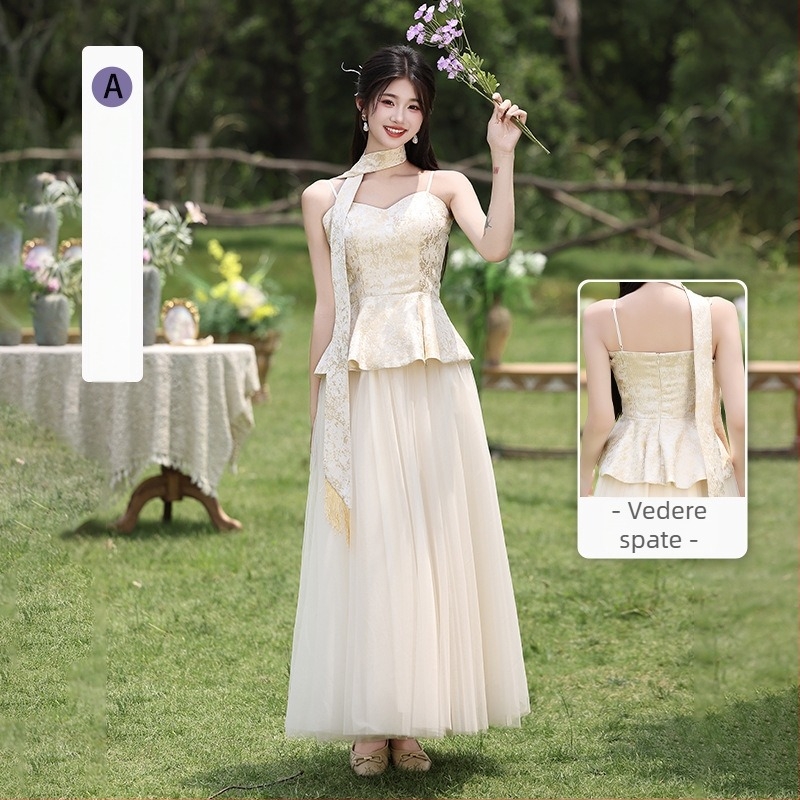 Rochie de domnișoară în stil chinezesc nou, vară 2025, poliester, lungă, A‑linie, fără mâneci, decolteu rotund și bretele subțiri