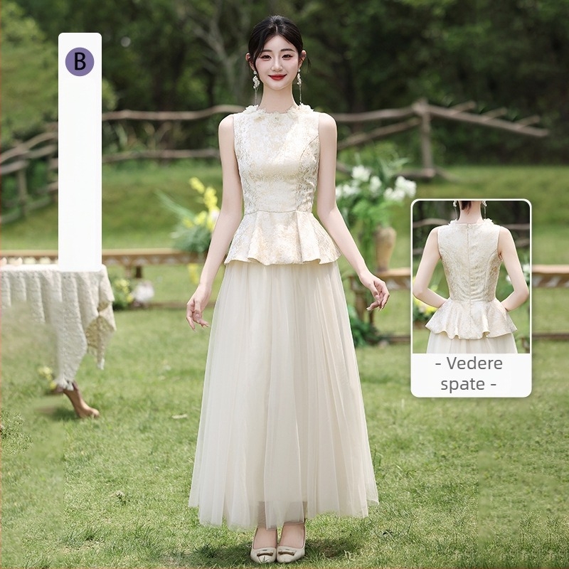 Rochie de domnișoară în stil chinezesc nou, vară 2025, poliester, lungă, A‑linie, fără mâneci, decolteu rotund și bretele subțiri