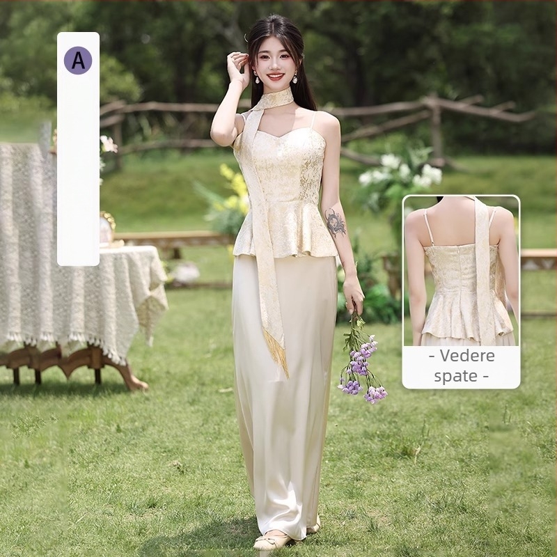 Rochie de domnișoară în stil chinezesc nou, vară 2025, poliester, lungă, A‑linie, fără mâneci, decolteu rotund și bretele subțiri