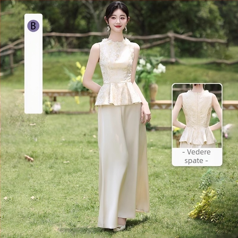 Rochie de domnișoară în stil chinezesc nou, vară 2025, poliester, lungă, A‑linie, fără mâneci, decolteu rotund și bretele subțiri