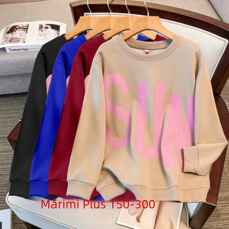 Pulover din bumbac gros, guler rotund, croială lejeră, mâneci lungi, lungime medie