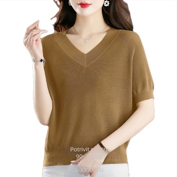 Tricou damă Ice Silk, mâneci scurte, croială lejeră, decolteu în V, 95%+ viscose