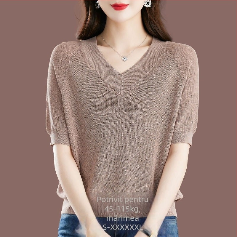 Tricou damă Ice Silk, mâneci scurte, croială lejeră, decolteu în V, 95%+ viscose