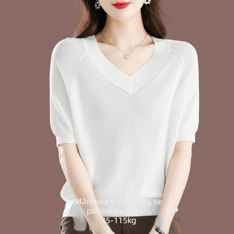 Tricou damă Ice Silk, mâneci scurte, croială lejeră, decolteu în V, 95%+ viscose