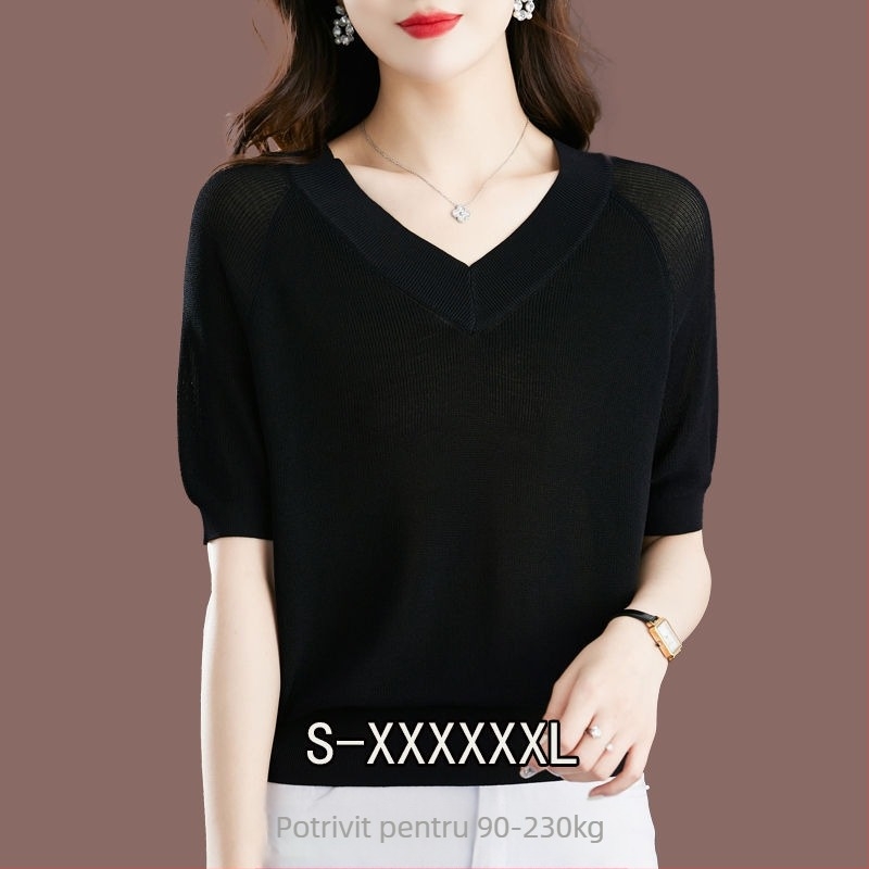 Tricou damă Ice Silk, mâneci scurte, croială lejeră, decolteu în V, 95%+ viscose